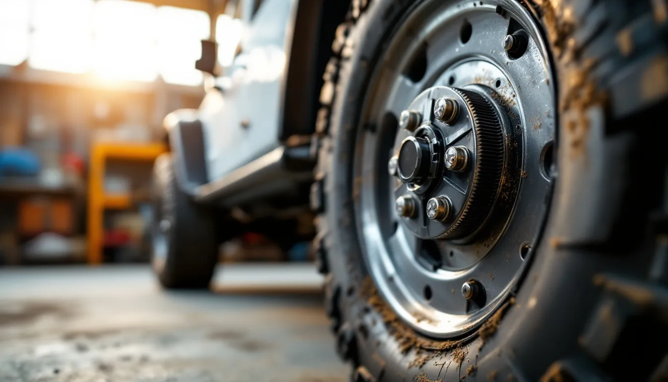 Spline-drive wheel lock lug nut installed on a Jeep Wrangler JK steel wheel with spare tire on rear swing-out carrier in a workshop setting