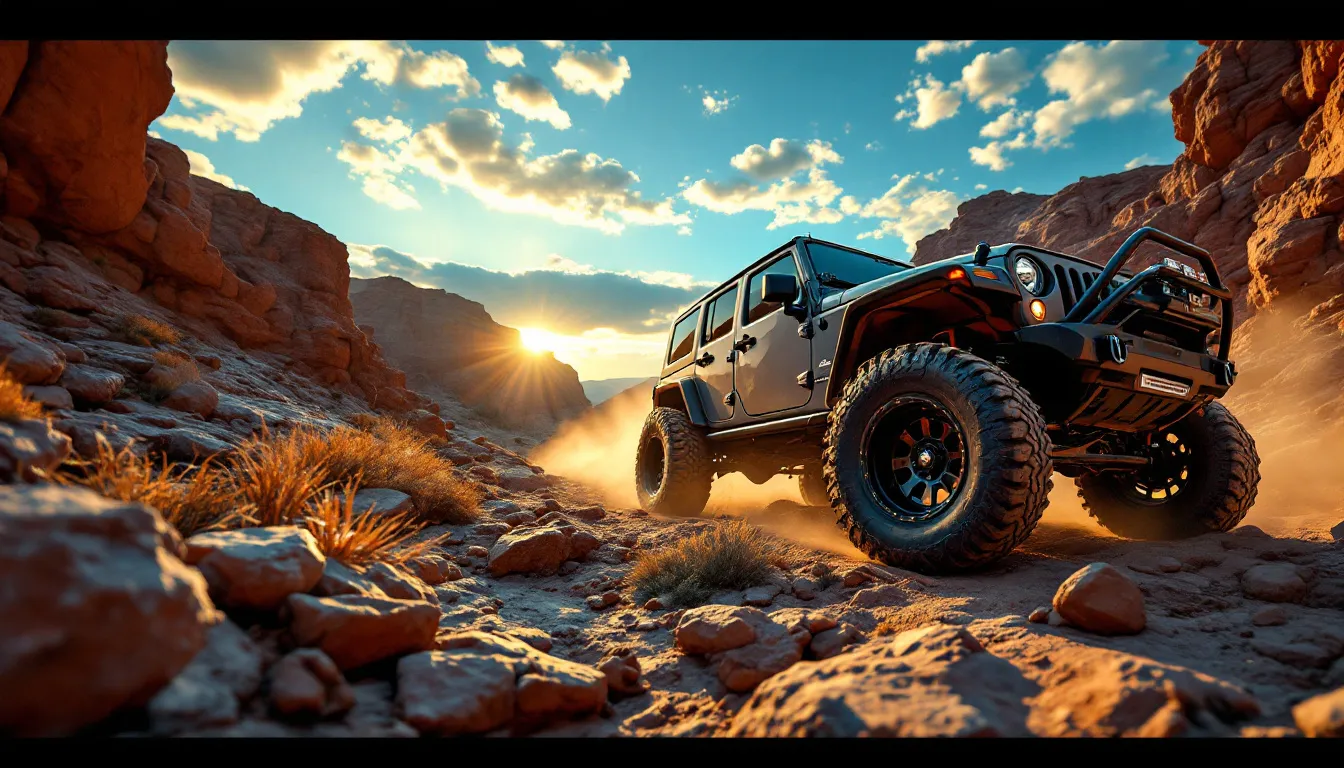 Lifted 2014 Jeep Wrangler JKU with aggressive matte black aftermarket alloy wheels and mud terrain tires on a rocky desert trail at golden hour