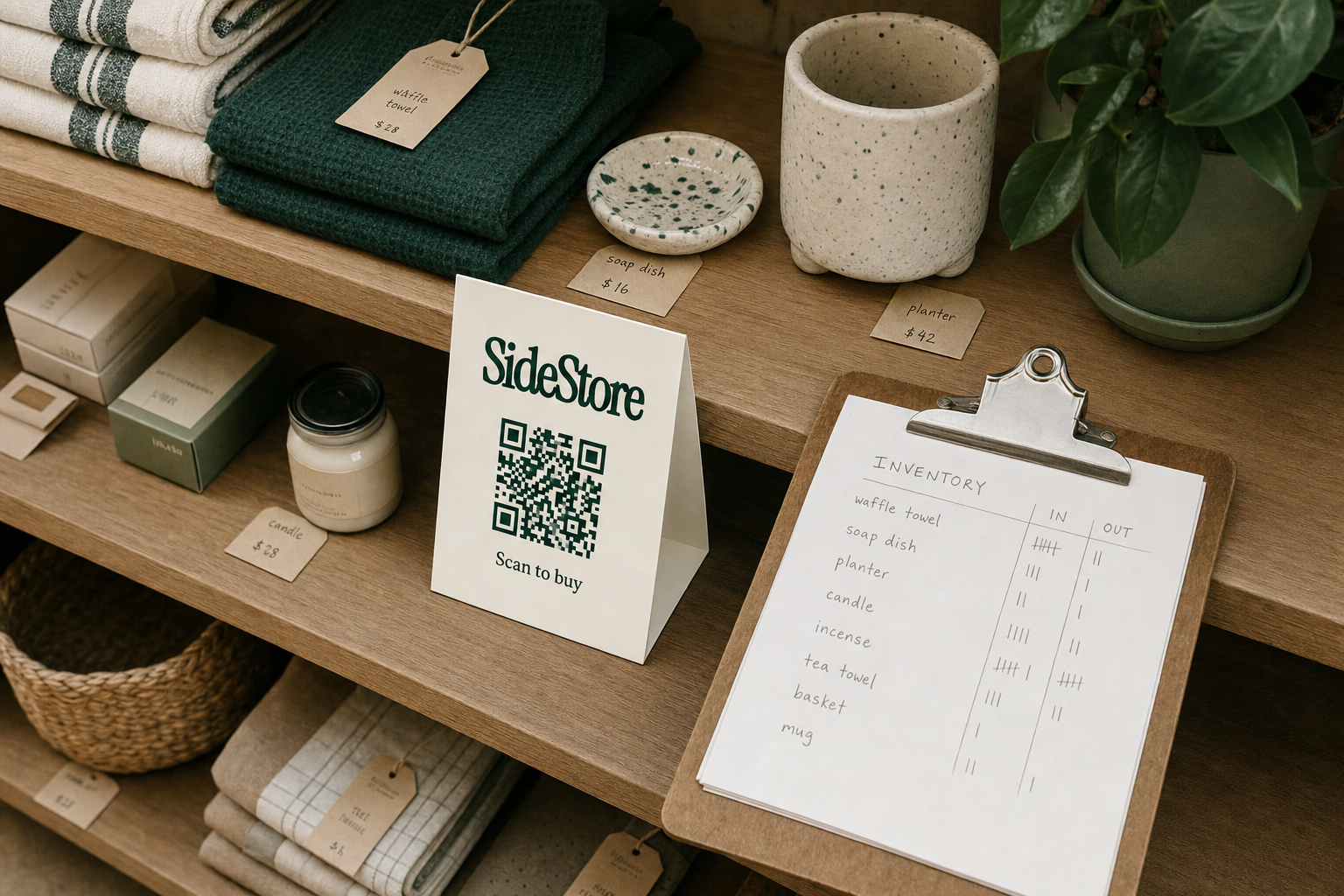 Overhead flat-lay of a boutique stockroom shelf with neatly tagged artisan products, a standing ivory SideStore QR tent card, and a clipboard inventory tally sheet on wooden shelving in deep evergreen and warm cream tones.