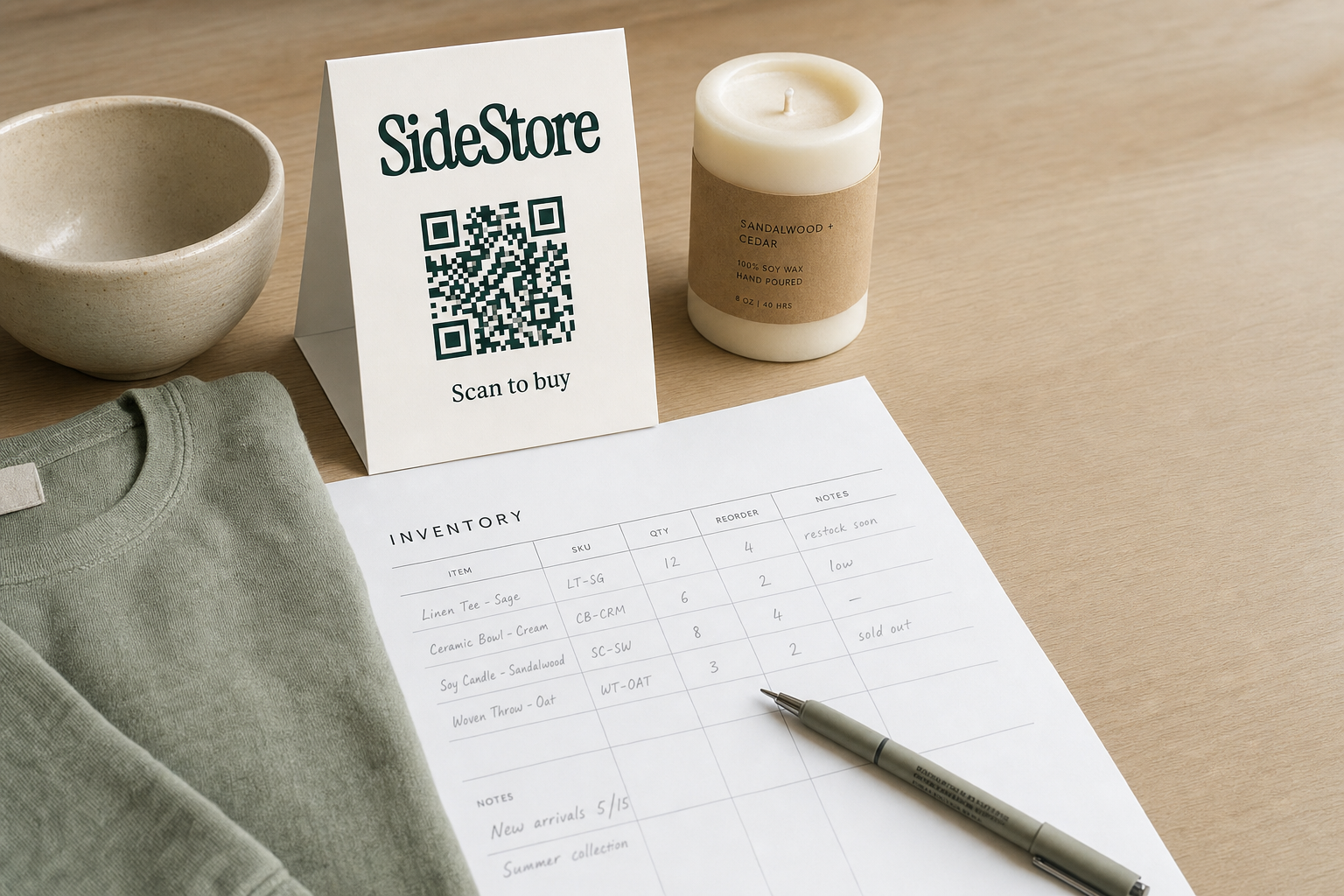 Flat-lay of a boutique inventory spreadsheet on a wooden table beside a folded garment, ceramic bowl, and handmade candle, with a pen resting across the sheet in natural light.