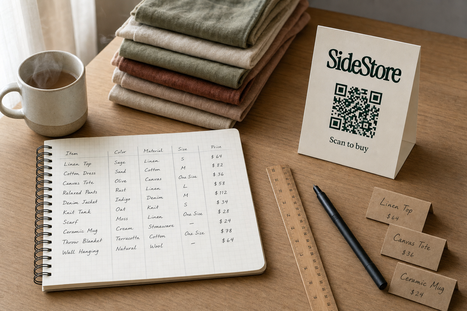 Overhead flat-lay of a wooden desk with an open notebook showing a hand-ruled inventory grid, fabric swatches in earth tones, a ceramic mug, a wooden ruler, and a pen — boutique inventory spreadsheet organisation concept.