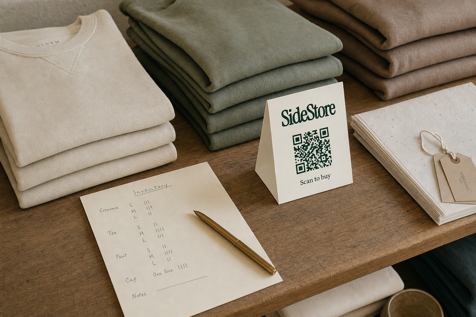 Neatly folded neutral-toned boutique clothing arranged on wooden shelving beside a handwritten inventory count sheet and a brass pen, shot in soft natural daylight.
