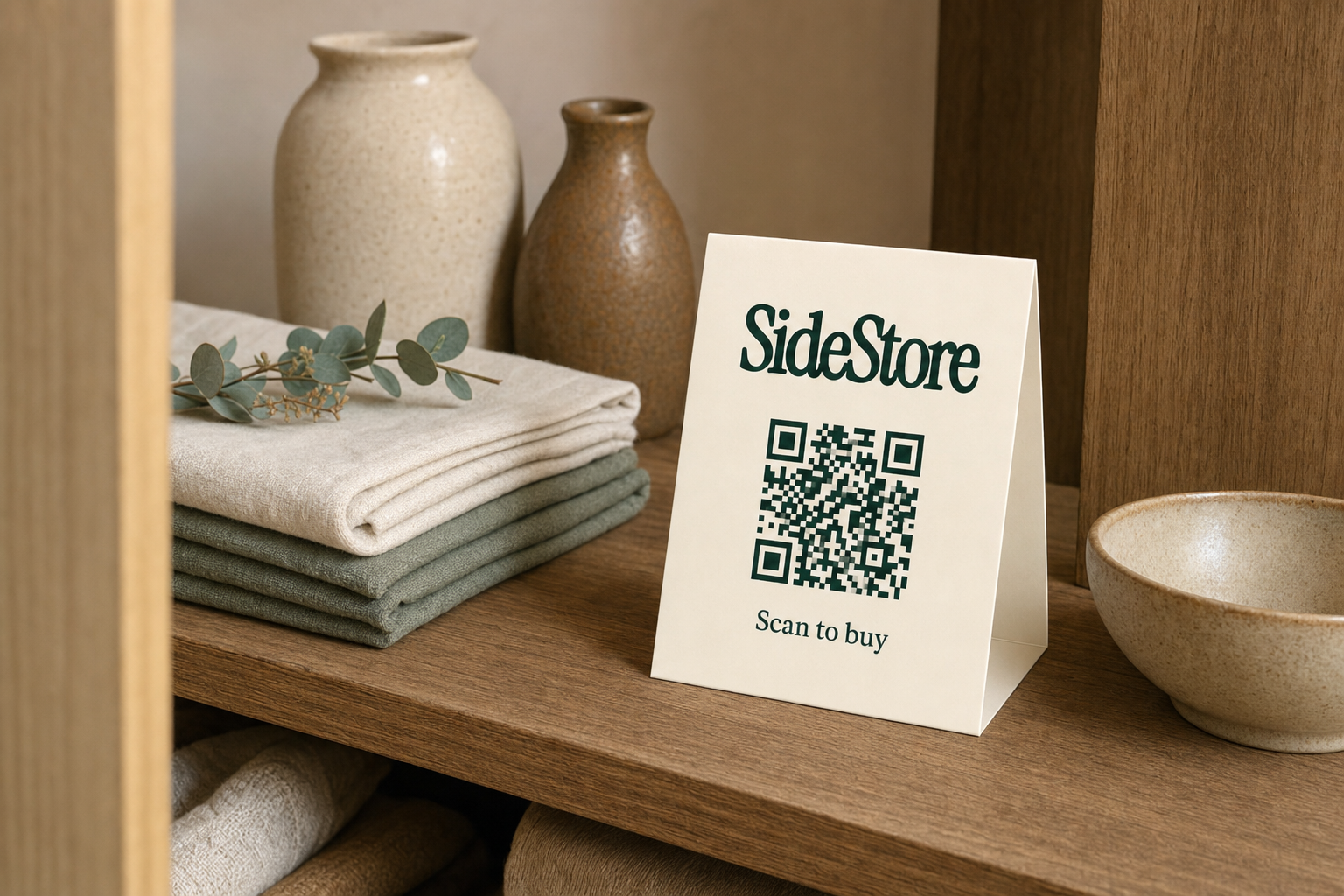 Overhead flat-lay of a boutique shelf with handmade ceramics, folded linen textiles, and a standing SideStore QR tent card on warm timber