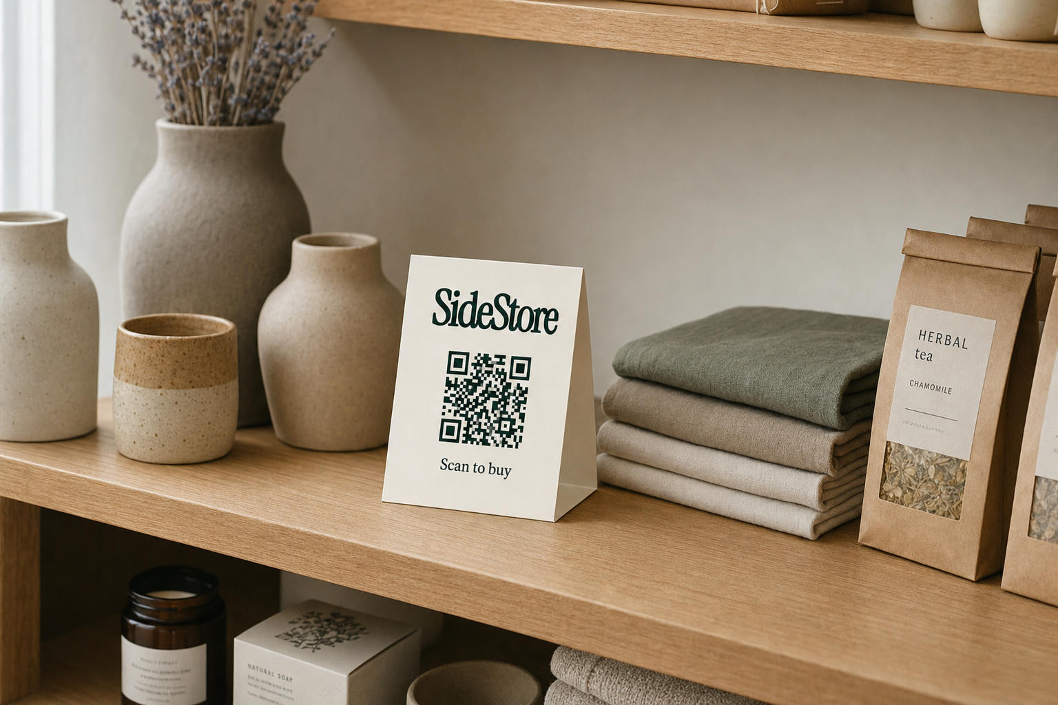 Handmade ceramics and textiles arranged on a boutique shelf beside a standing ivory SideStore tent card with a navy green QR code and Scan to buy text