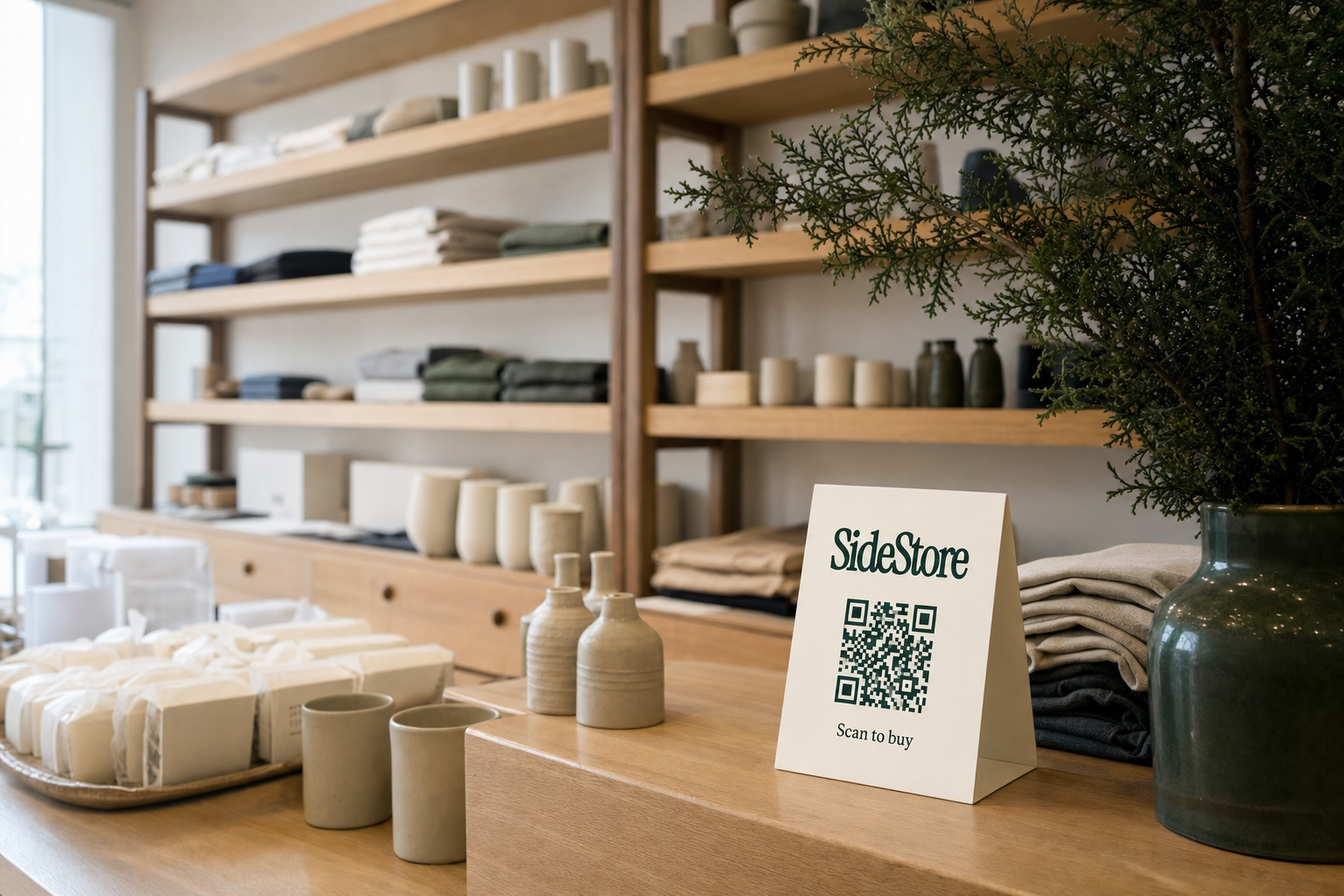Tidy boutique stockroom with neatly labelled shelves, some empty and some holding folded garments and small products, in warm natural light