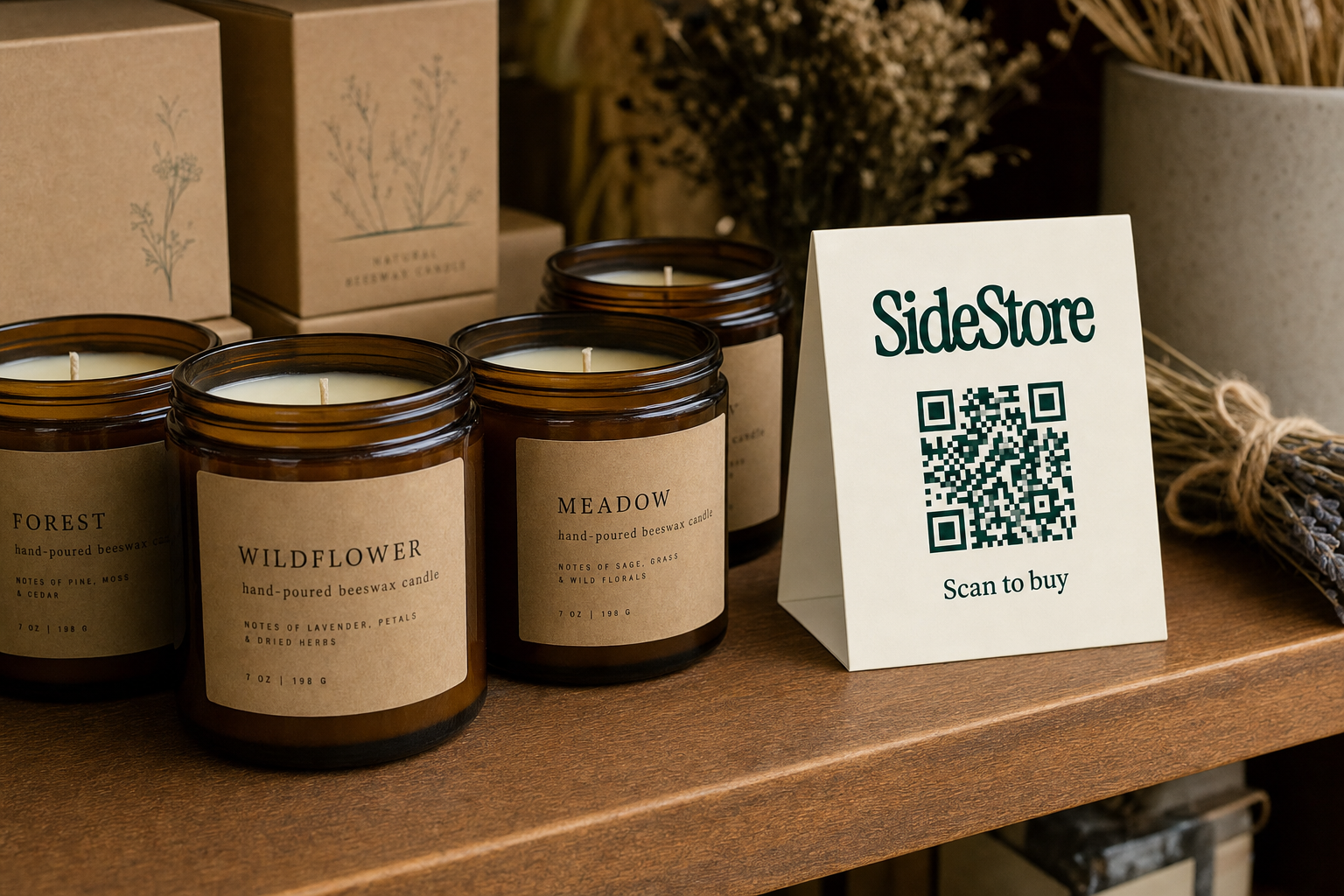 Hand-poured candles in kraft-paper boxes and amber jars arranged on a wooden boutique shelf, with a folded ivory SideStore tent card standing upright beside them showing a navy green QR code and Scan to buy text.