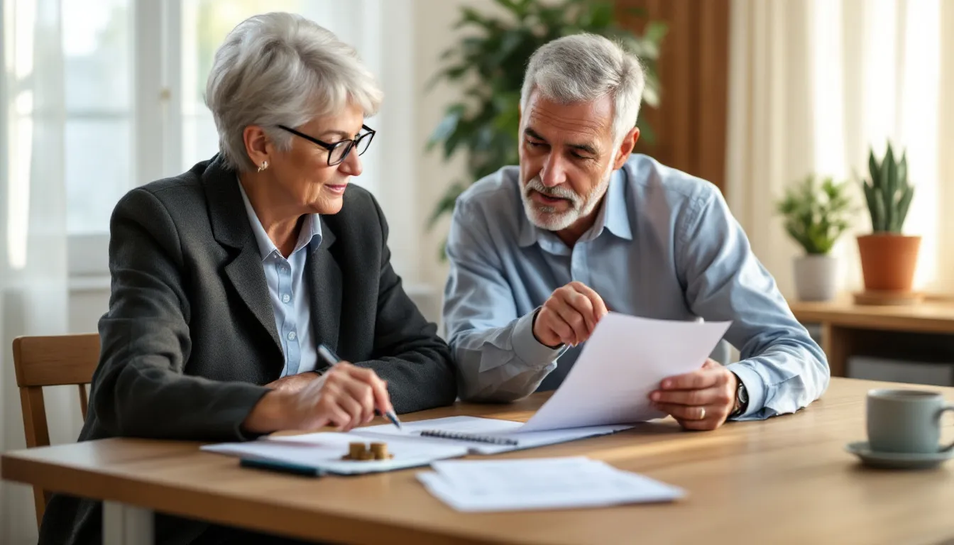 South African retiree couple reviewing charitable gift annuity and financial planning documents at a wooden desk in a warm home office