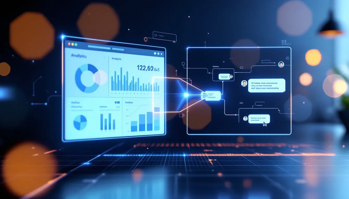 Split-screen view of a B2B software dashboard connected by a funnel arrow to a ChatGPT-style AI conversation panel, representing ChatGPT shopping assistant ads for B2B software companies
