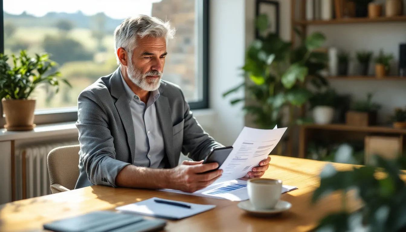 South African man reviewing a provident fund member benefit statement at a home office desk, holding a smartphone