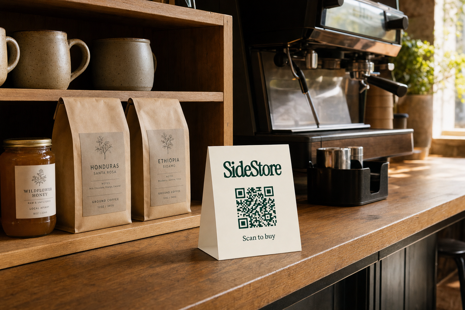 Independent coffee shop retail counter with artisan ceramic mugs, packaged coffee, and a folded SideStore QR tent card standing beside local maker products on a wooden shelf