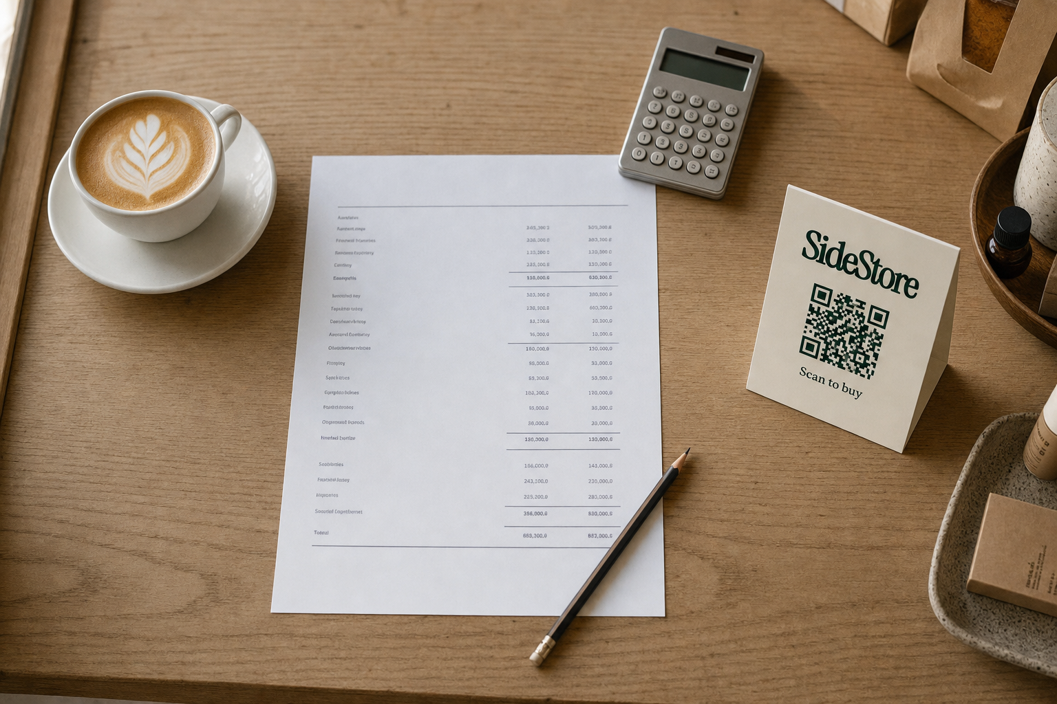 Top-down view of a printed coffee shop profit and loss statement on a wooden cafe table beside a flat white coffee, a pencil, and a small calculator in warm natural light.