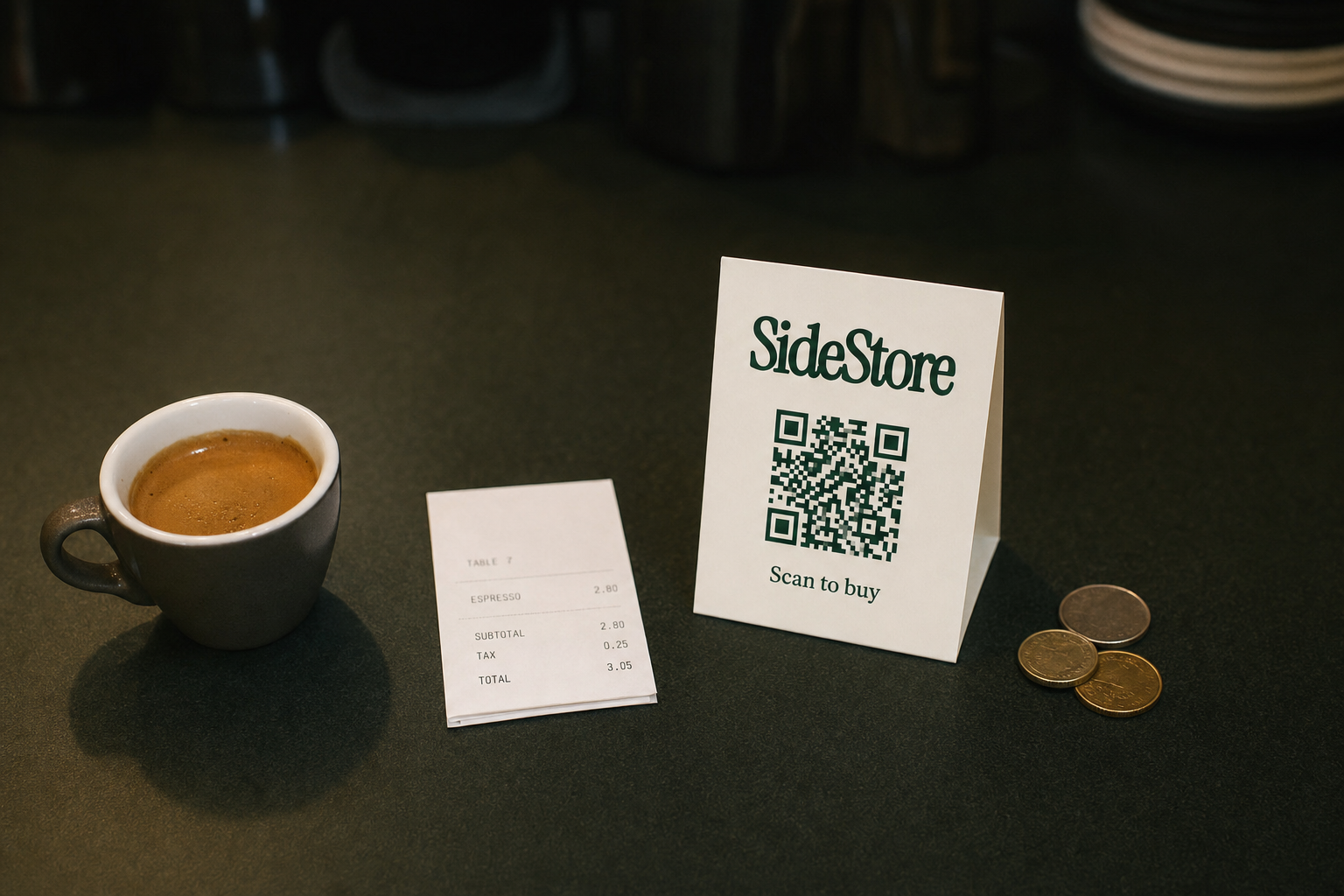 Overhead flat-lay of an espresso cup with crema, a paper receipt, and a stack of coins on a dark evergreen cafe counter surface