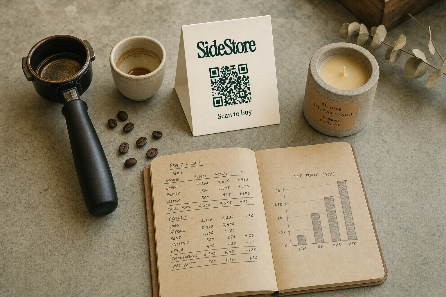 Overhead flat-lay of a coffee shop counter showing an espresso portafilter, a handmade candle, an open profit-and-loss notebook with handwritten figures, and a folded SideStore QR tent card standing on its own base beside the products.