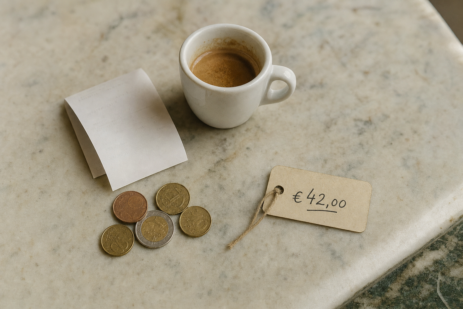 Overhead flat-lay of a coffee shop counter with an espresso cup, a printed receipt, loose coins, and a small price tag — illustrating coffee shop profit margins.