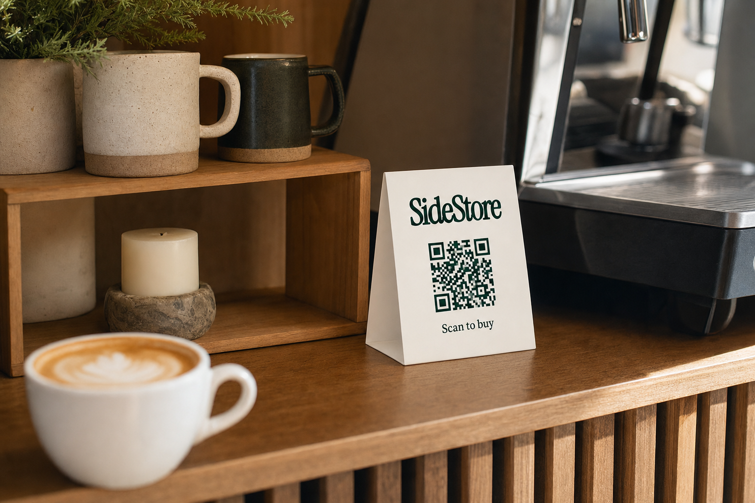 A curated shelf of artisan products on a coffee shop counter with a folded SideStore tent card standing beside handmade ceramic mugs and a candle, next to a flat white coffee in natural light.