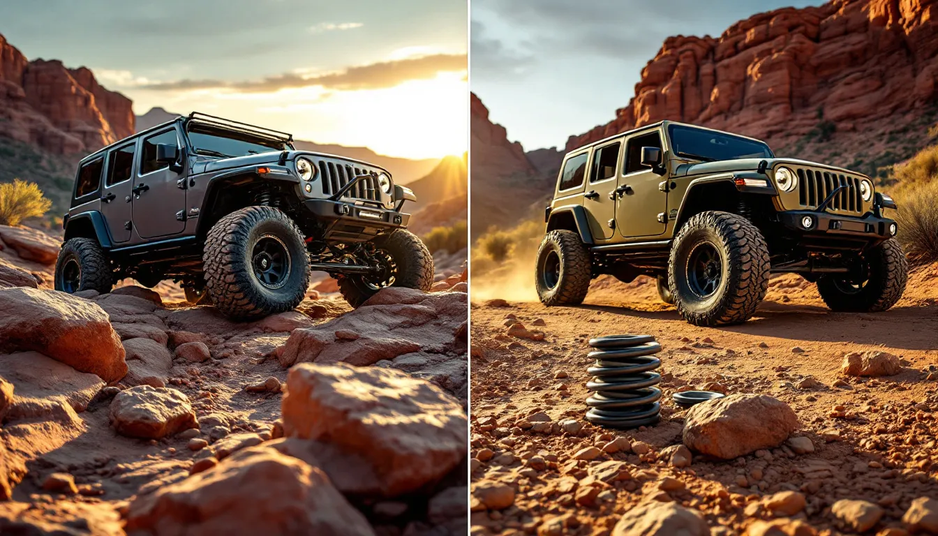Side-by-side comparison of a Jeep JK Wrangler with coilover suspension versus a traditional spring lift kit on off-road terrain with suspension components visible in the foreground
