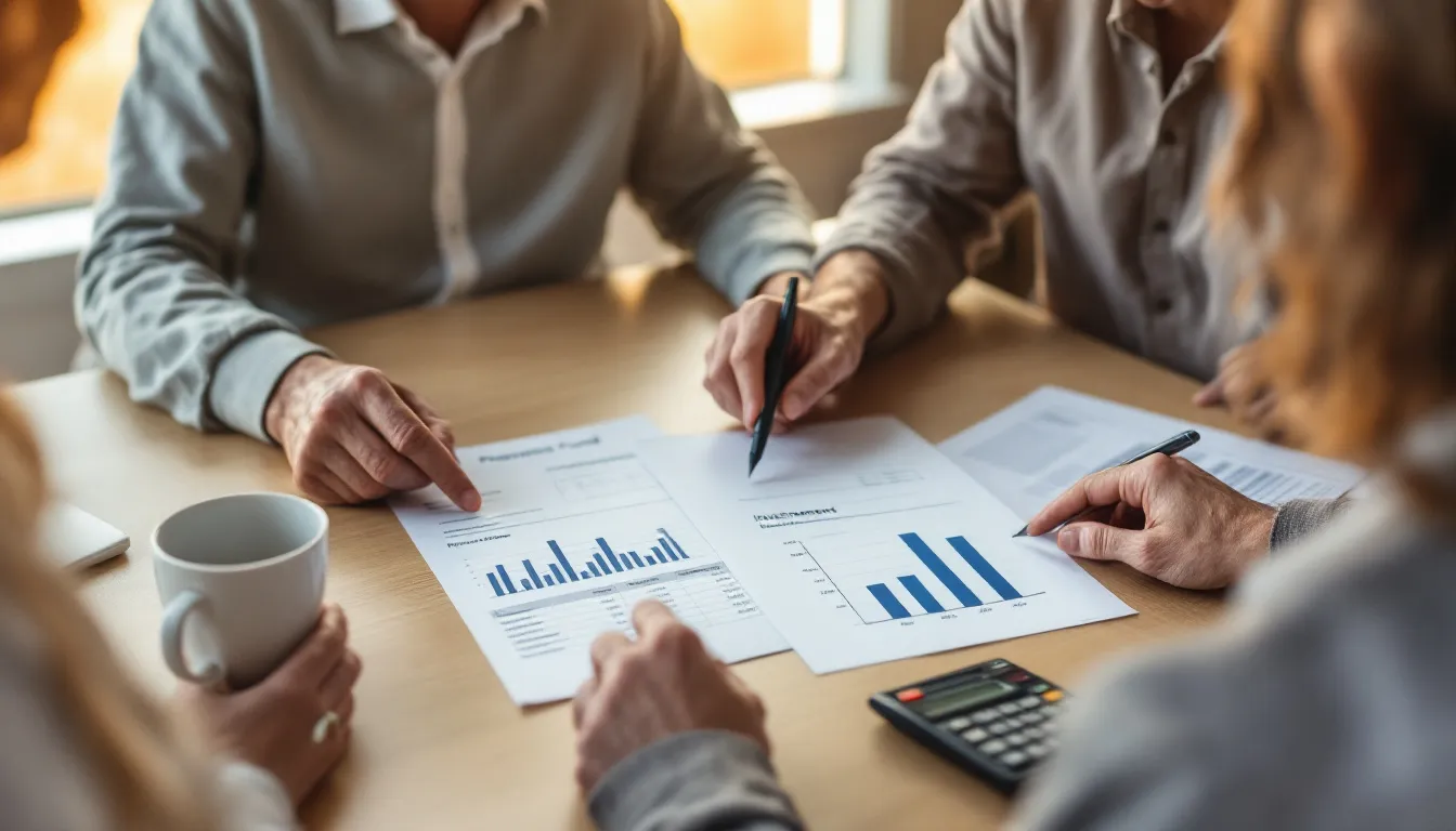 A South African couple reviewing compulsory and discretionary retirement savings documents with a financial planner at a table