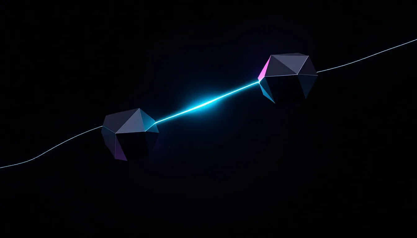 Abstract teal connection beam linking two geometric node clusters on a dark background, representing a custom domain connecting to a no-code website