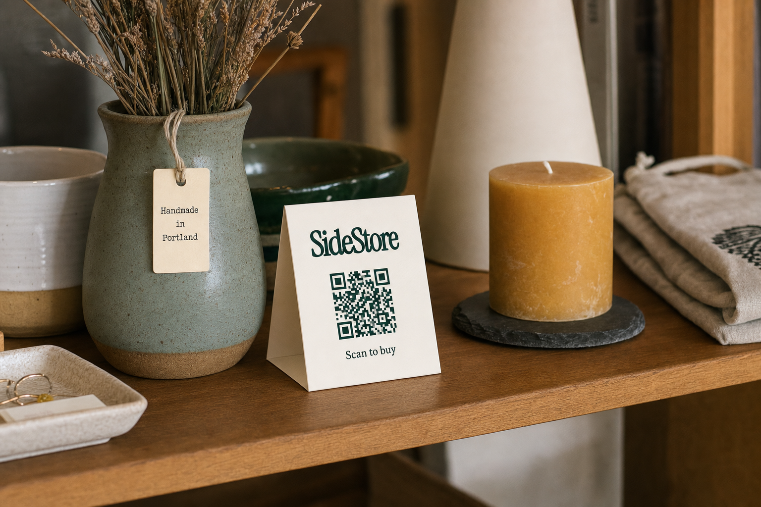 Handcrafted ceramics, candles, and textile goods arranged on a warm wooden boutique shelf beside a standing ivory SideStore QR tent card reading Scan to buy