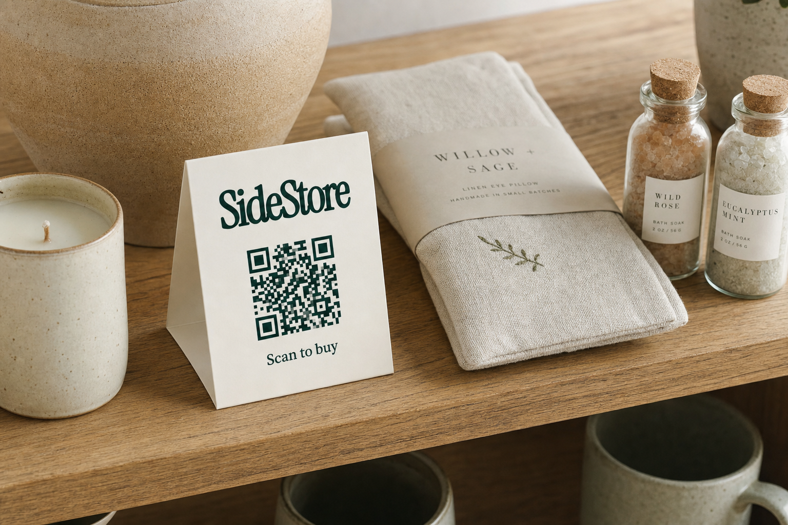 Overhead flat-lay of a boutique shelf with handmade ceramic and linen products and a folded ivory SideStore QR tent card standing upright at the shelf edge