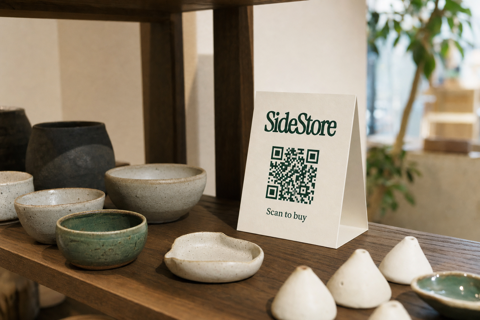 Handmade ceramic products arranged on a wooden cafe shelf beside a standing ivory SideStore QR tent card, overhead flat-lay, natural light