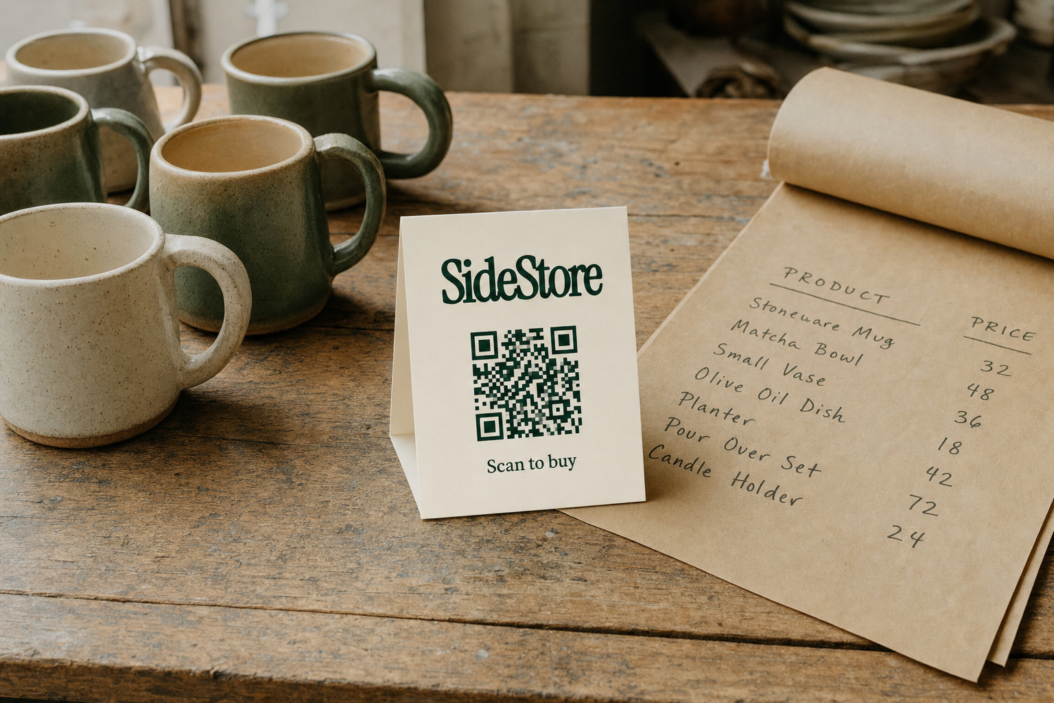 Overhead flat-lay of handcrafted ceramic mugs beside a product line sheet on a wooden maker's worktable, with a standing ivory SideStore tent card resting between them, photographed in soft natural light