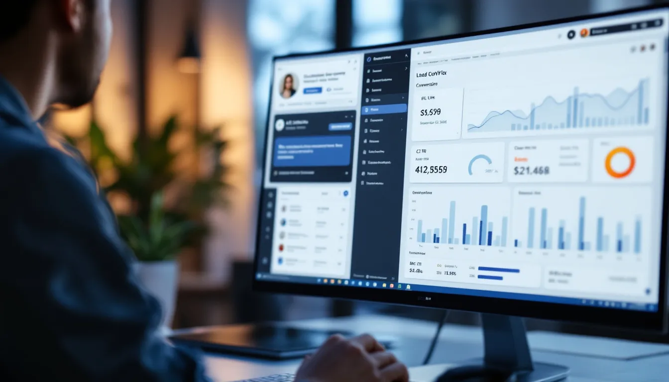 Microsoft Copilot AI chat interface displaying an inline SaaS ad unit alongside a lead generation analytics dashboard showing CPL, CTR, and conversion rate metrics
