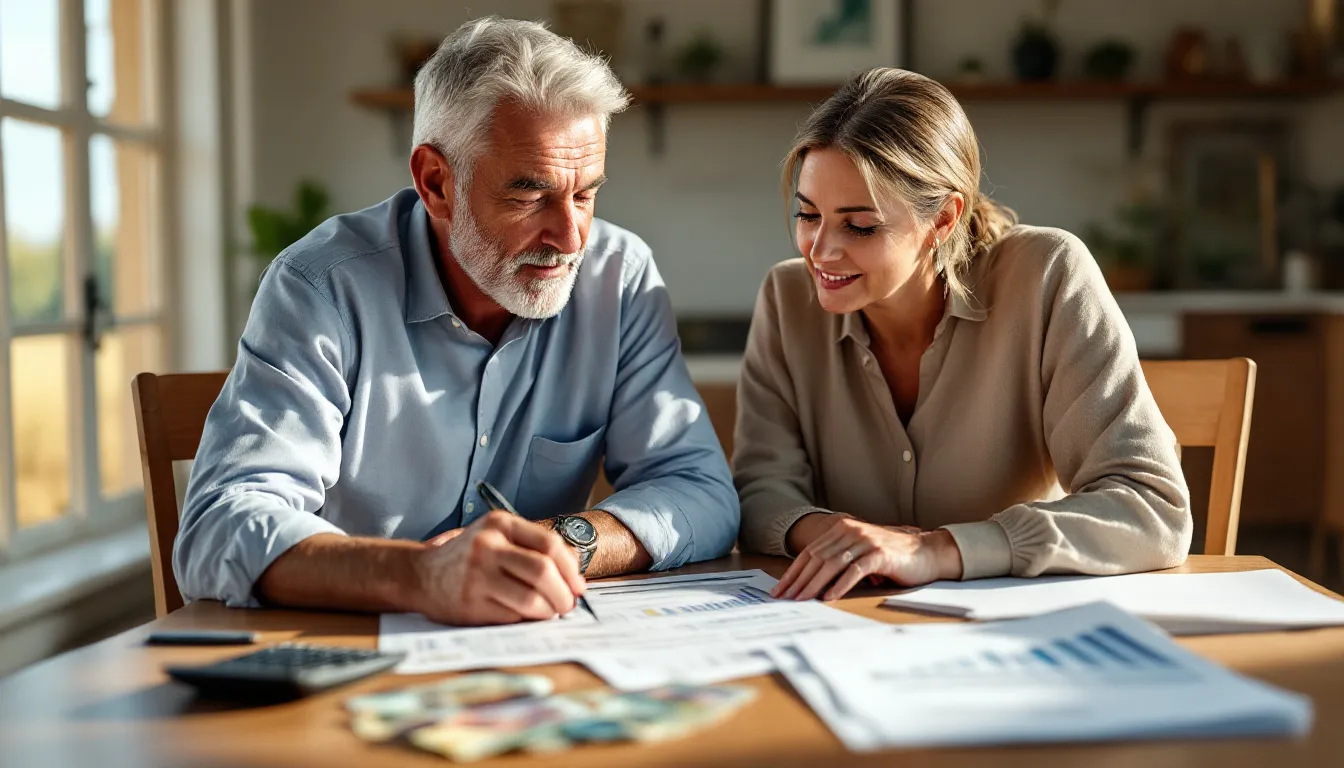 South African couple reviewing currency diversification portfolio documents at home with rand and foreign banknotes on the table