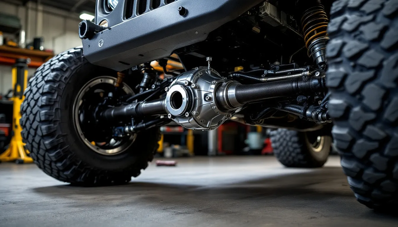 Dana 44 front axle upgrade installed under lifted Jeep JK Wrangler showing heavy-duty differential cover and axle assembly