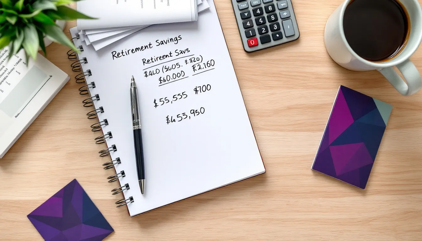 Flat-lay of a retirement planning notepad with rand calculations, a pen, financial statements, and a calculator on a wooden desk, representing Discovery retirement annuity planning in South Africa