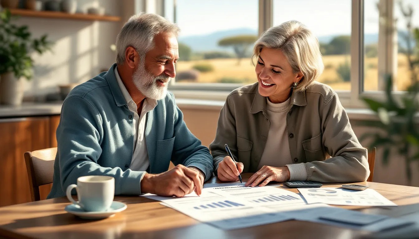 A mature South African couple reviewing dividend income portfolio statements at their kitchen table, planning for retirement income