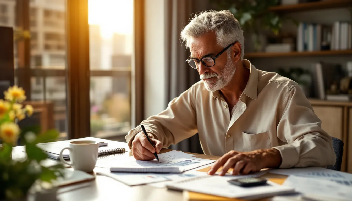 A South African man in his late fifties reviews printed financial statements at a well-lit home office desk, considering whether he needs a financial adviser for his retirement savings