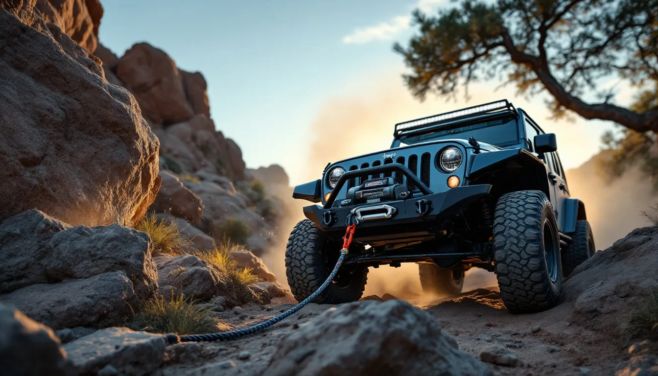 Jeep JK Wrangler with steel front bumper and electric winch on rocky off-road trail with rope extended to anchor point during recovery