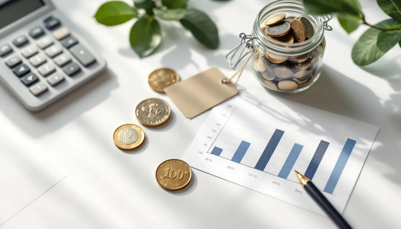 Flat-lay of a calculator, South African rand coins, a retirement savings jar, and a bar chart representing retirement annuity planning tools