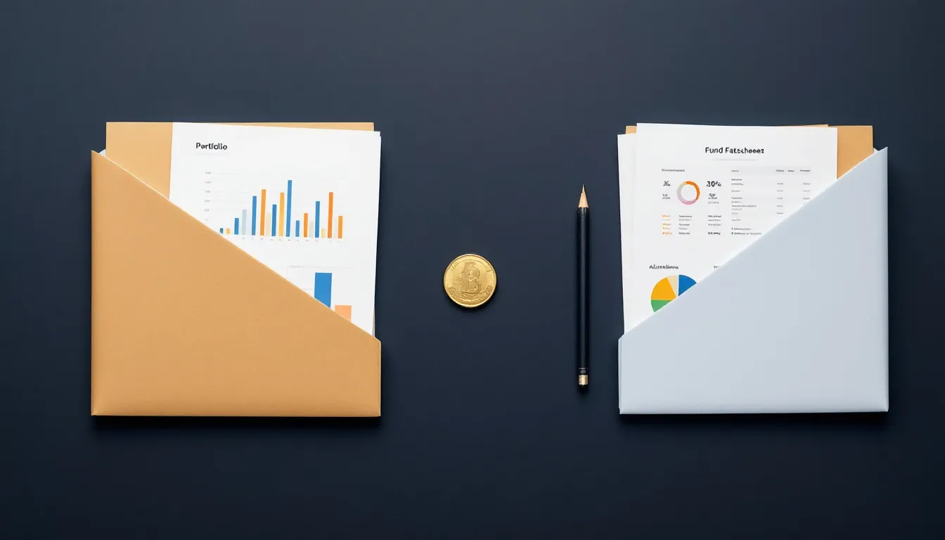 Two investment portfolio folders placed side by side on a navy desk with a South African rand coin and pencil, representing the choice between ETFs and unit trusts for retirement planning
