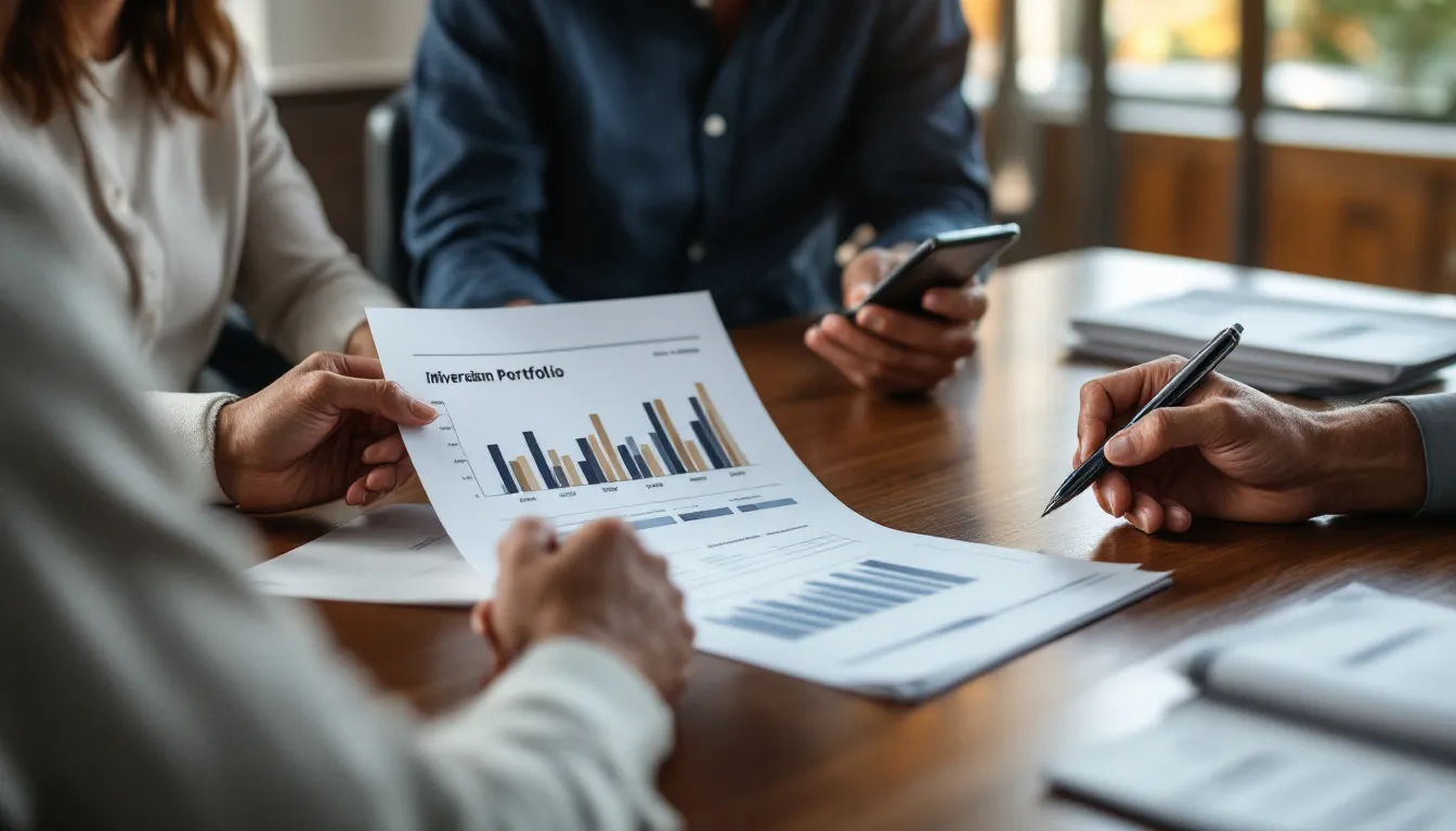A South African couple reviewing exchange traded fund investment documents with a financial advisor at a professional office desk