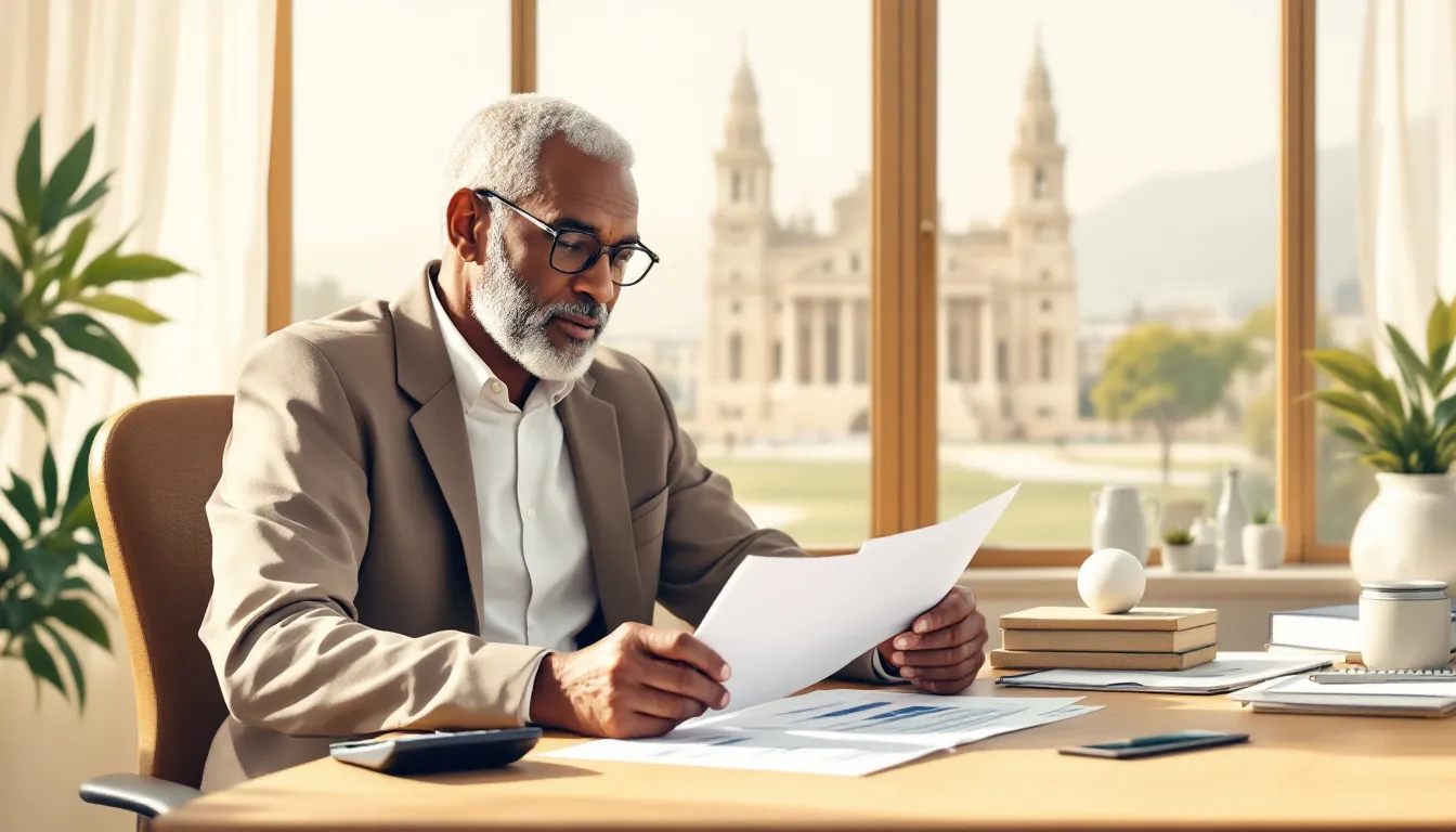 A professional reviewing FERS retirement planning documents at a desk with a government building visible through the window