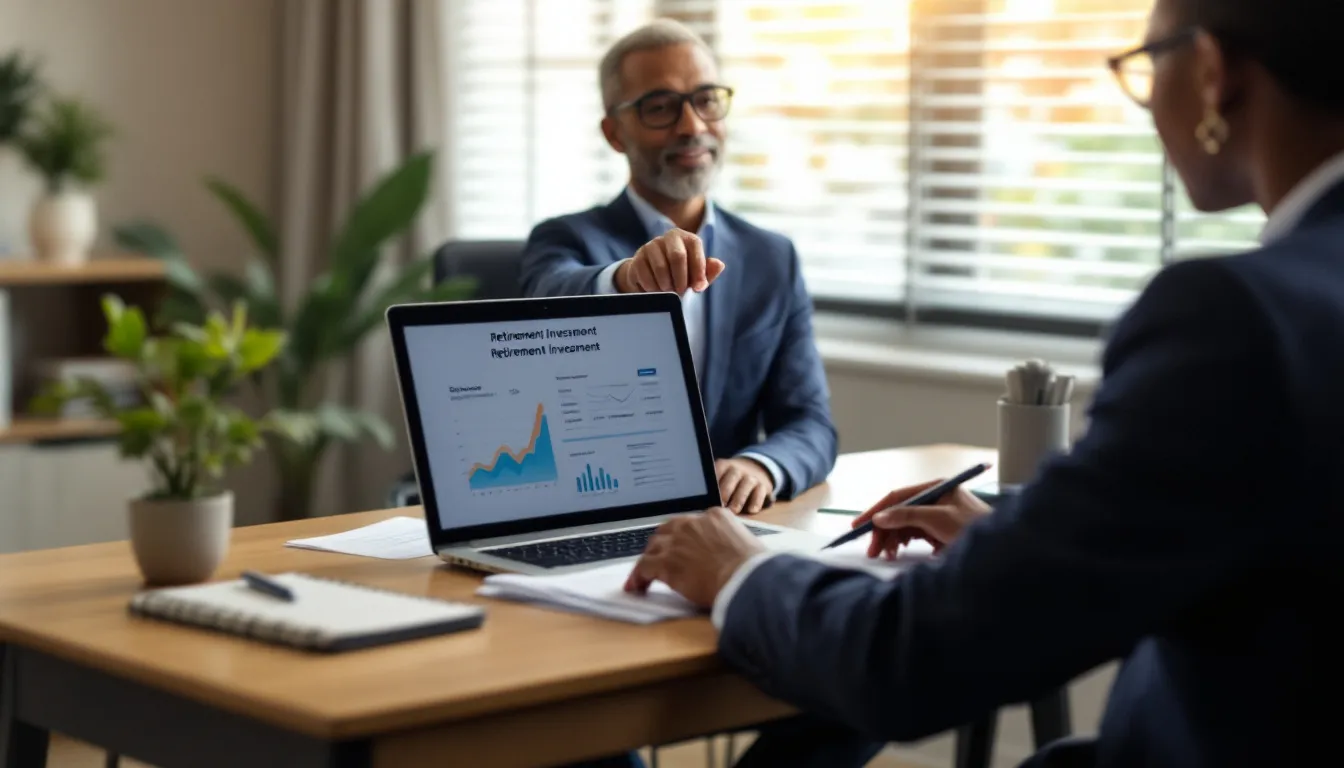 A South African professional reviewing retirement planning documents with a financial advisor in a warm, professional office setting