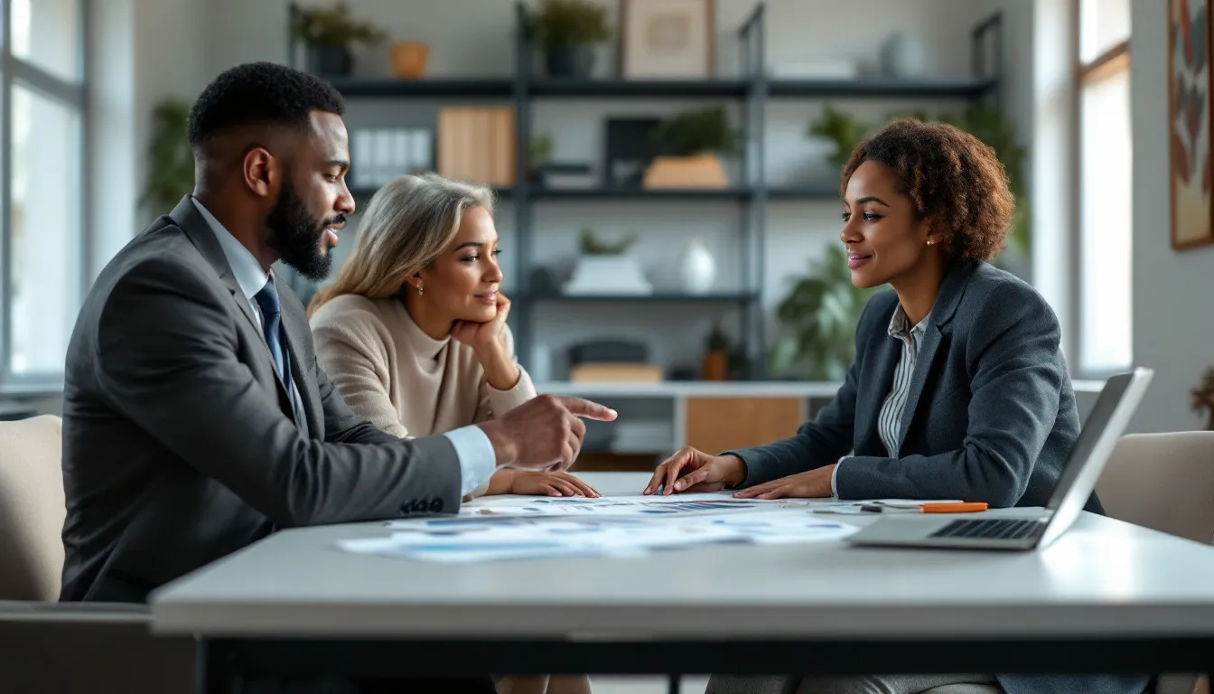 A financial advisor for retirement planning seated across a desk with a South African couple in their 50s, reviewing retirement documents together in a modern, well-lit office