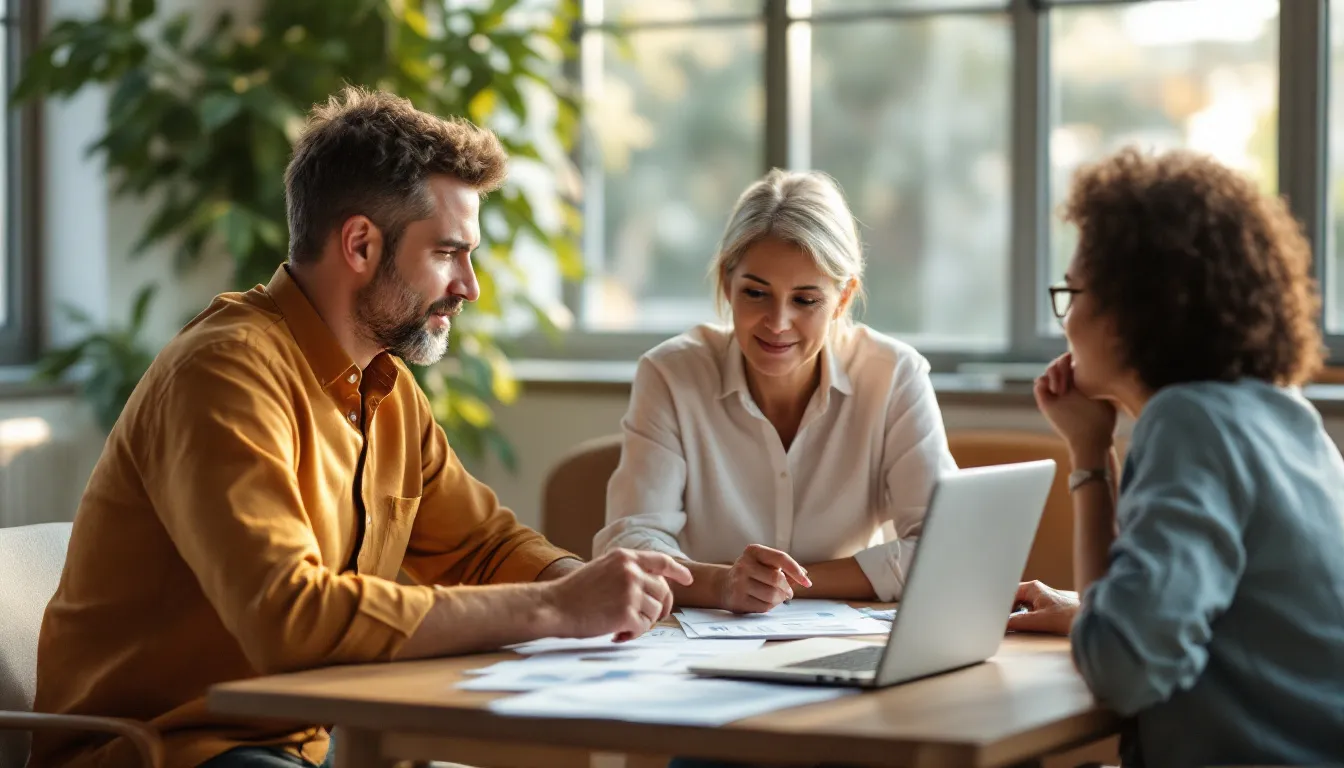 A financial advisor reviewing retirement planning documents with a South African couple in their 50s in a warm modern office setting