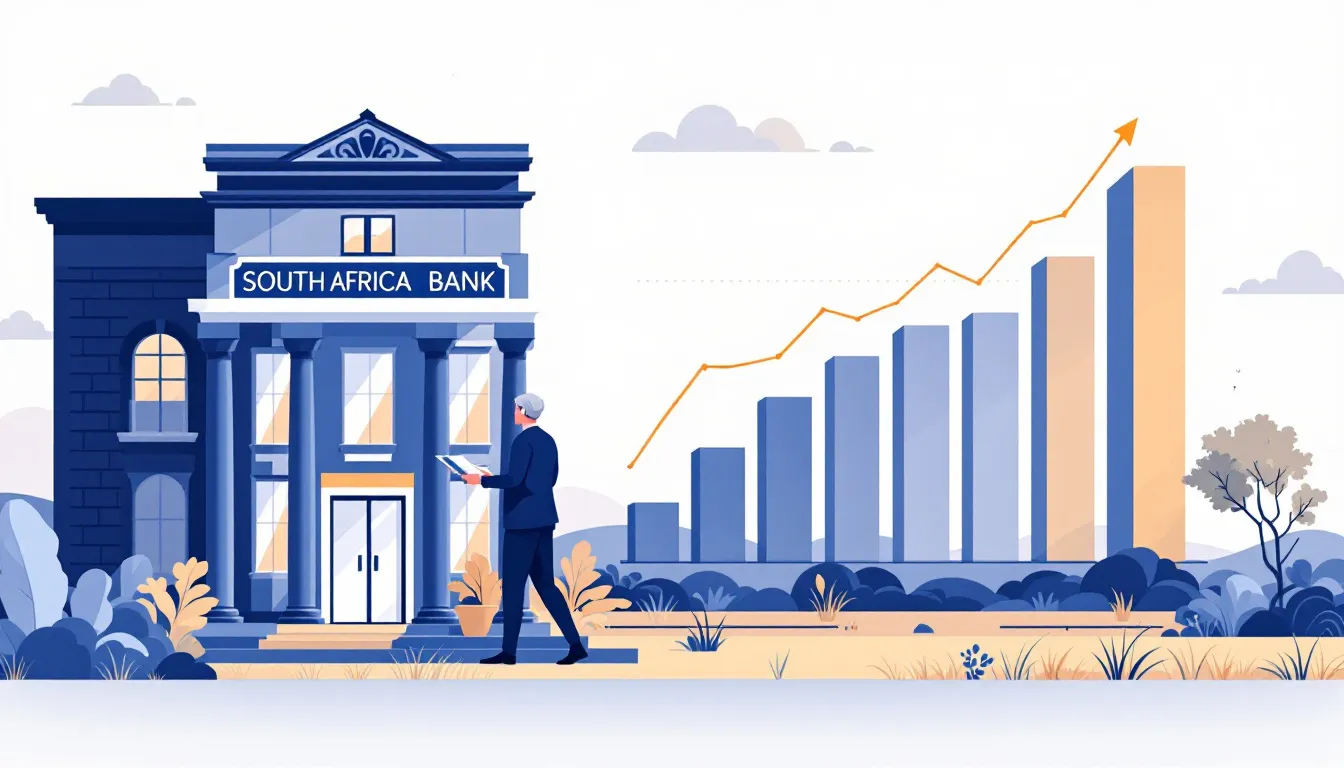 Illustration of a South African bank building alongside a retirement savings growth chart in blue and gold tones, representing long-term retirement annuity planning through a bank