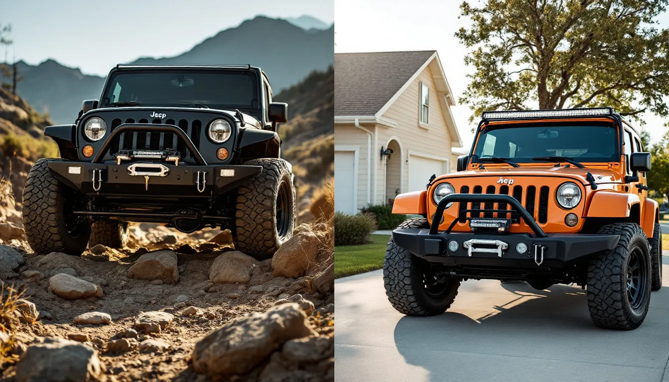 Side-by-side comparison of a Jeep JK Wrangler with a heavy-duty steel aftermarket front bumper on a rocky trail versus a Jeep JK with a factory bumper and bolt-on brush guard in a suburban driveway