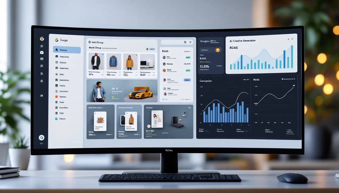 Digital dashboard showing a Google Ads Performance Max campaign interface with AI creative generation panel, product feed cards, and ROAS metrics trending upward for retail brand campaign management