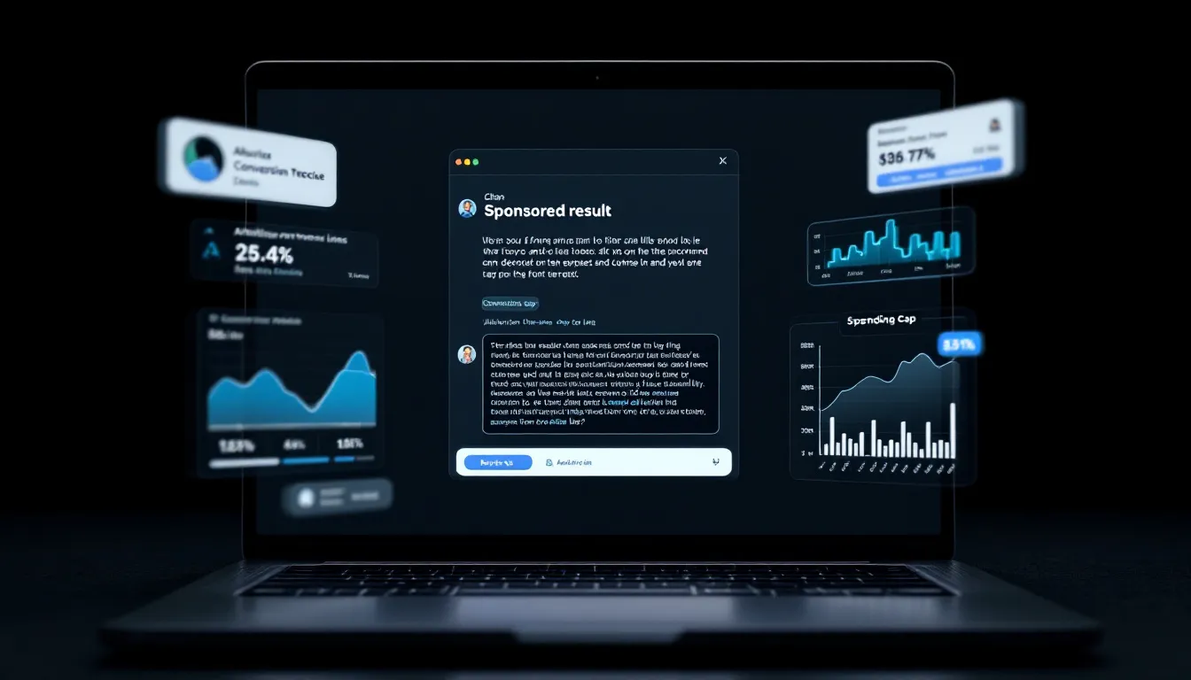 Dark-mode laptop screen showing an AI chat assistant interface with a sponsored placement inside an answer, surrounded by attribution metrics and spending cap indicators