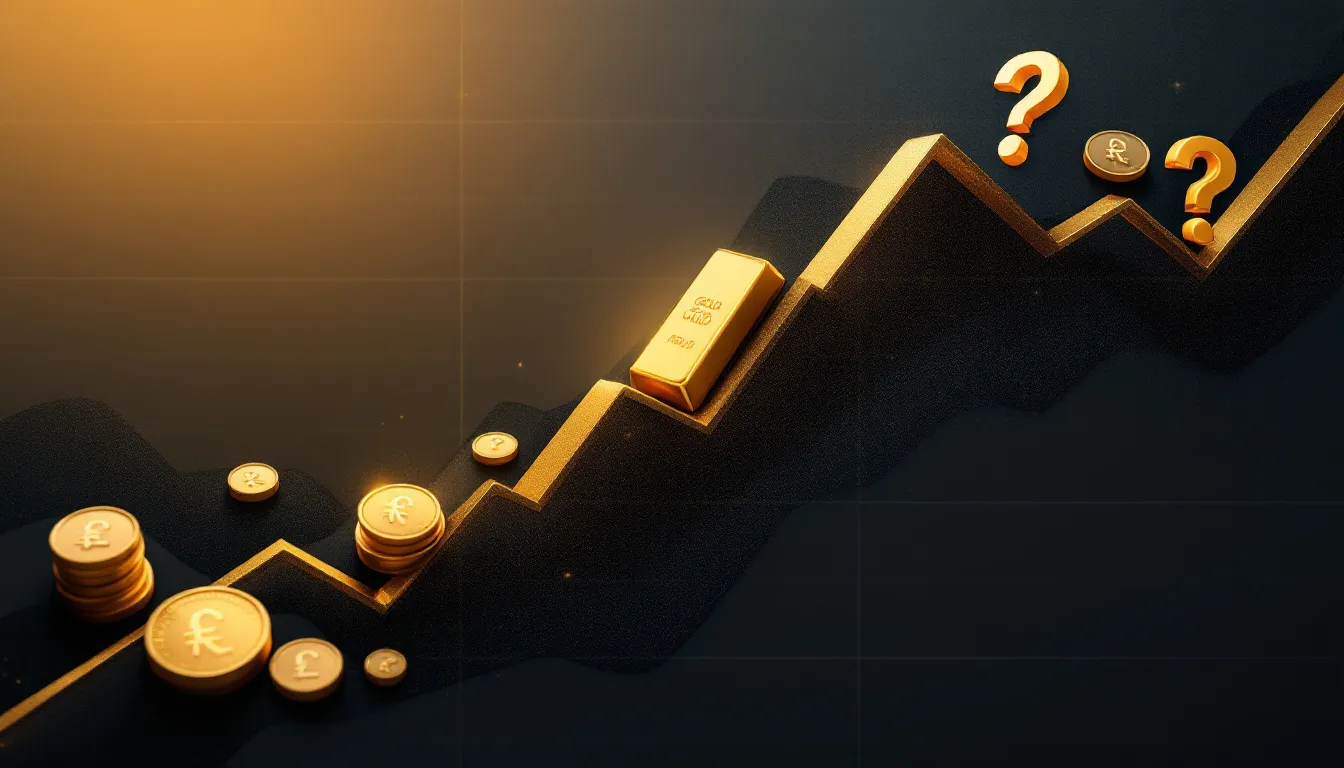 Split-screen illustration of a gold bar and coins on an upward trending chart, with the right side showing question marks and diverging paths, representing uncertainty about whether gold's record price surge will continue or correct