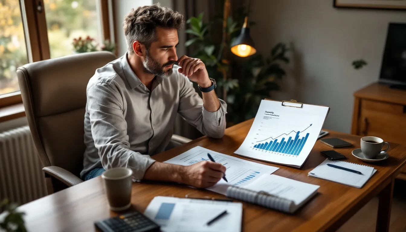 South African investor reviewing printed portfolio statements and a long-term growth chart at a home office desk, considering the right time to invest in the stock market