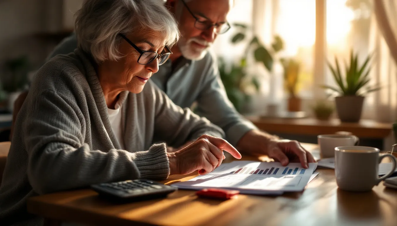 South African retiree couple reviewing guaranteed annuity rate documents at a kitchen table with a calculator and rooibos tea in warm morning light