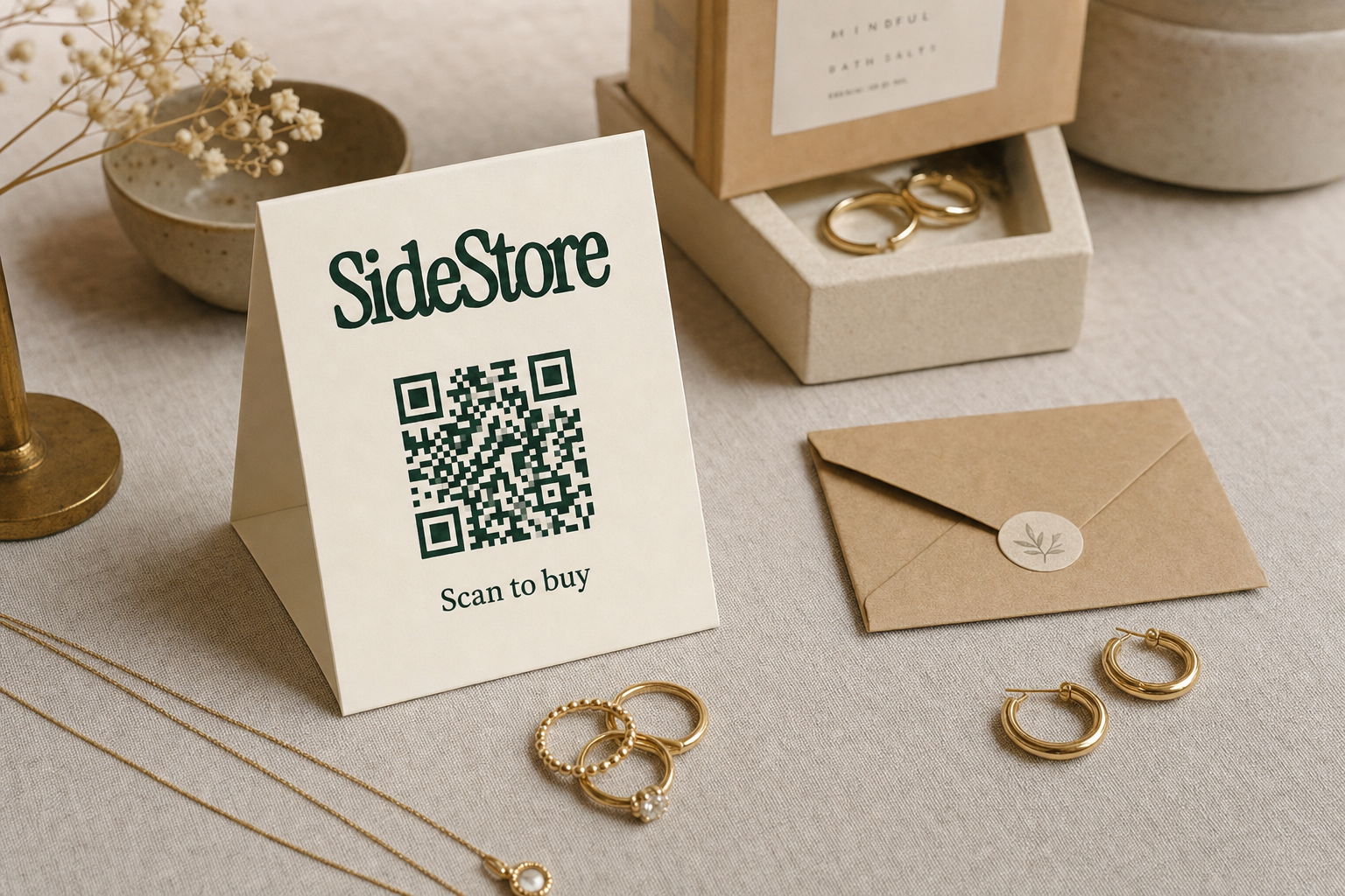 Handmade jewelry pieces arranged on linen beside a standing SideStore scan-to-pay tent card and a kraft envelope, lit with warm natural light