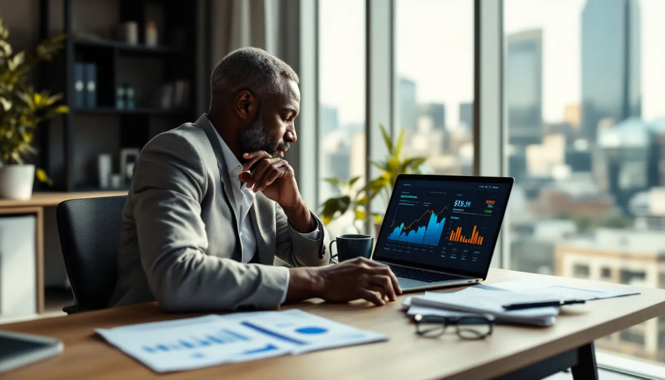 A professional South African wealth manager reviews hedge fund investment documents and portfolio charts at his desk, with Johannesburg's skyline visible through the window behind him, conveying expertise and trustworthy financial planning.