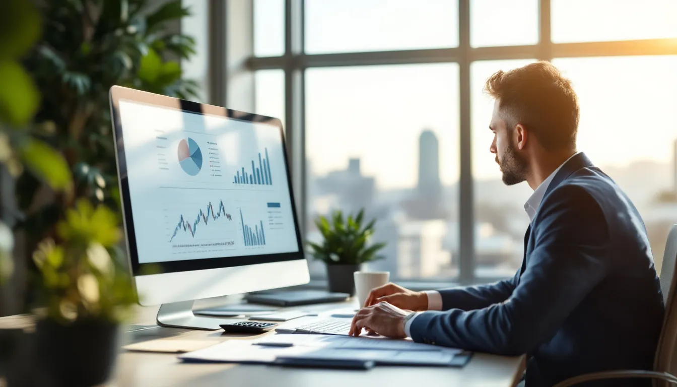 A financial advisor reviewing investment documents and charts in a professional office setting, representing careful retirement and investment planning for South Africans